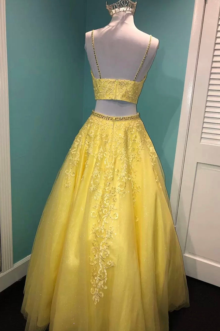 Luolandi Yellow Lace Two Pieces Prom Dress A-Line Evening Party Dress Sexy
